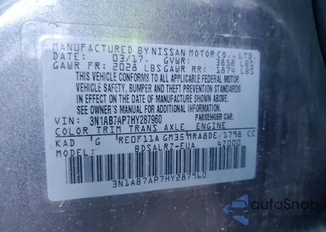 2017 Nissan Sentra S z USA, uszkodzony, nr VIN 3N1AB7AP7HY287960